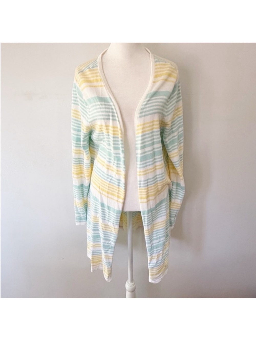 Vintage Women Striped Long Cardigan Medium Pastel Coastal Beach Spring Layers